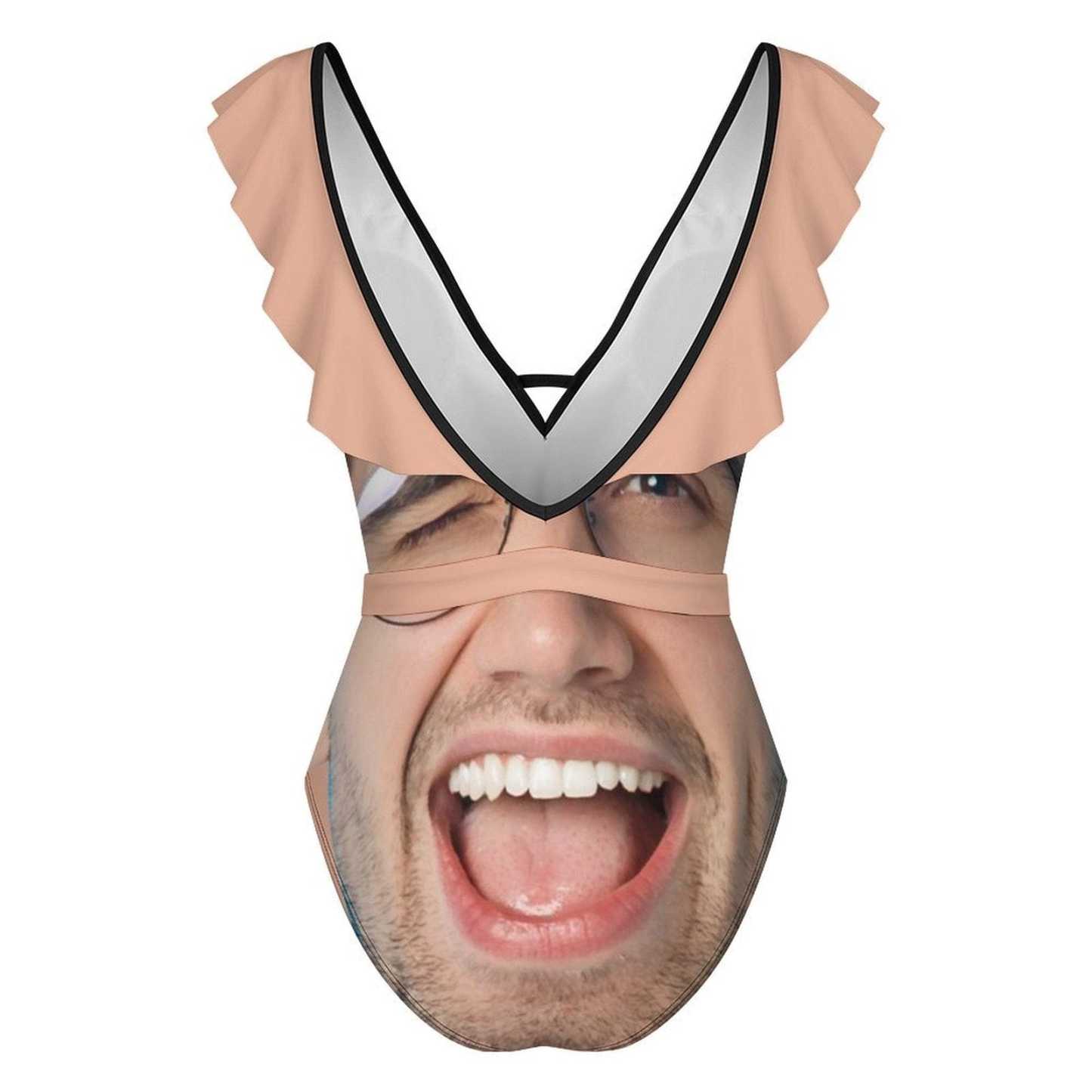 Custom Big Funny Face V Neck Ruffle One Piece Swimsuit Sexy Belt Custom Picture Bathing Suit Tie Back - YesCustom