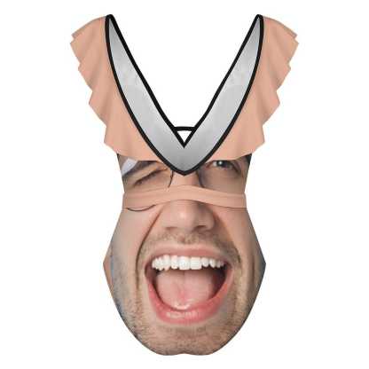 Custom Big Funny Face V Neck Ruffle One Piece Swimsuit Sexy Belt Custom Picture Bathing Suit Tie Back - YesCustom