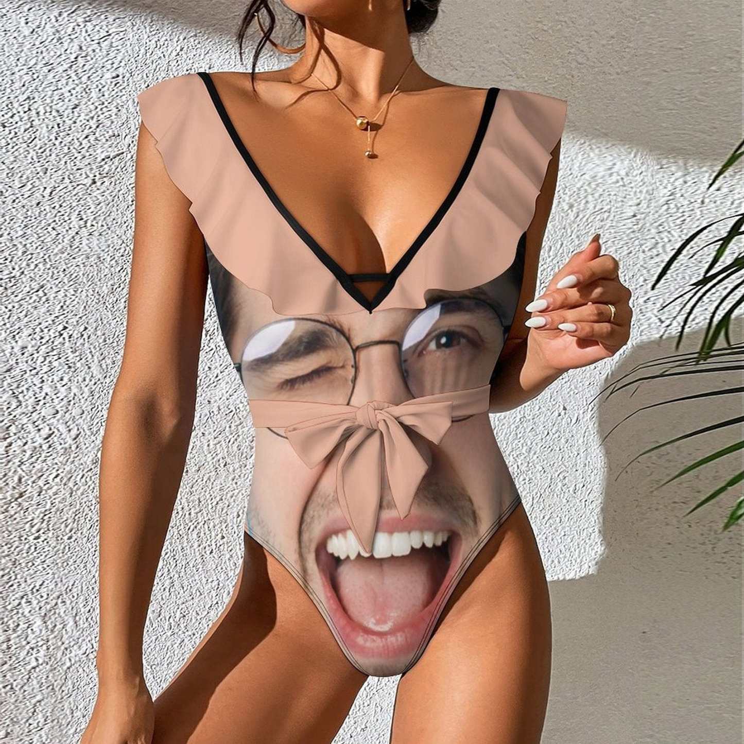Custom Big Funny Face V Neck Ruffle One Piece Swimsuit Sexy Belt Custom Picture Bathing Suit Tie Back - YesCustom