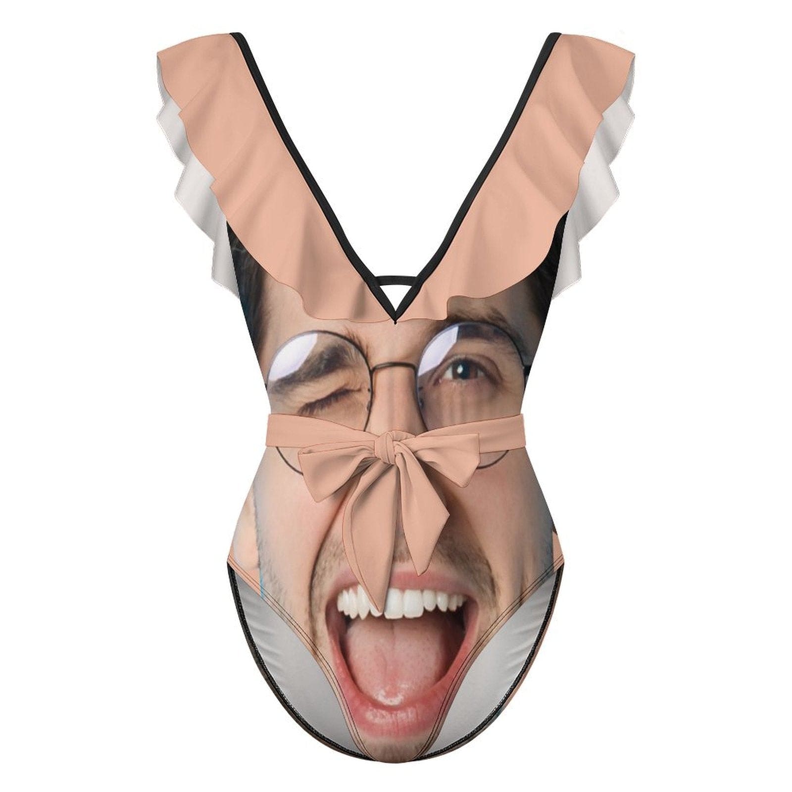 Custom Big Funny Face V Neck Ruffle One Piece Swimsuit Sexy Belt Custom Picture Bathing Suit Tie Back - YesCustom