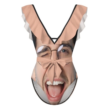 Custom Big Funny Face V Neck Ruffle One Piece Swimsuit Sexy Belt Custom Picture Bathing Suit Tie Back - YesCustom