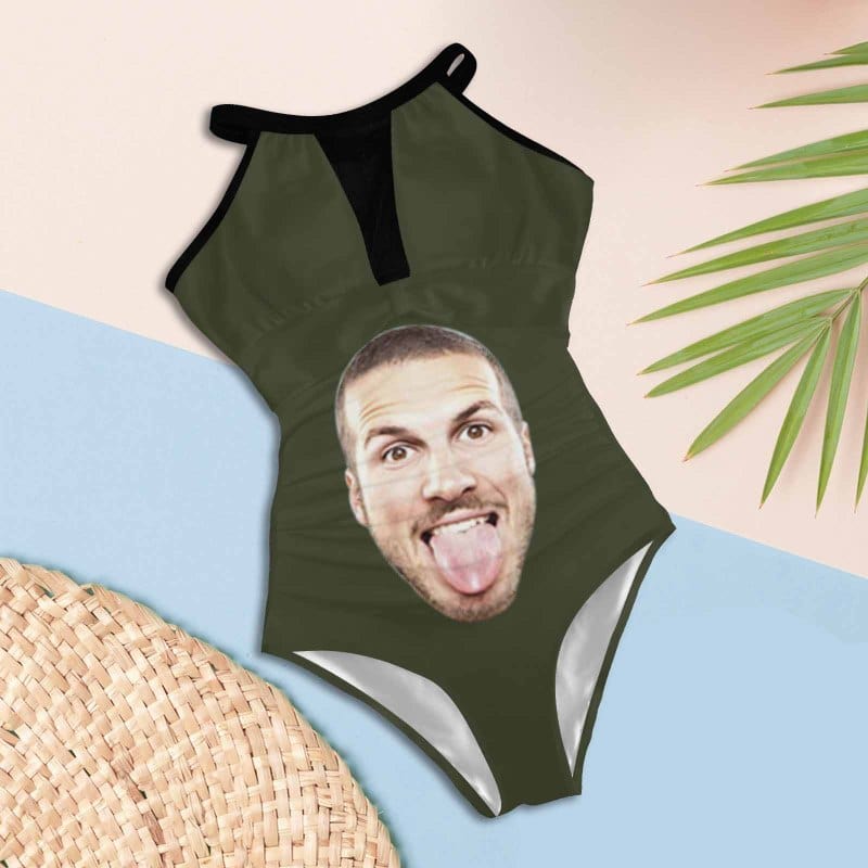Custom Big Funny Face Women's One Piece Swimsuit High Neck Plunge Mesh Ruched Monokini Swimwear - YesCustom