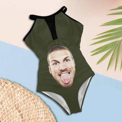 Custom Big Funny Face Women's One Piece Swimsuit High Neck Plunge Mesh Ruched Monokini Swimwear - YesCustom