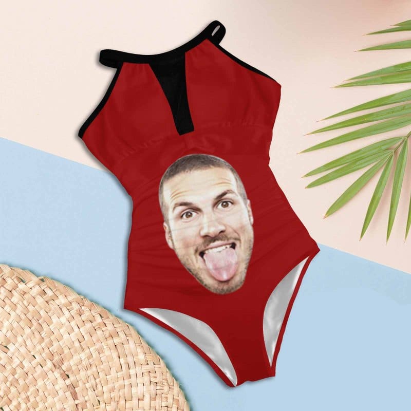 Custom Big Funny Face Women's One Piece Swimsuit High Neck Plunge Mesh Ruched Monokini Swimwear - YesCustom