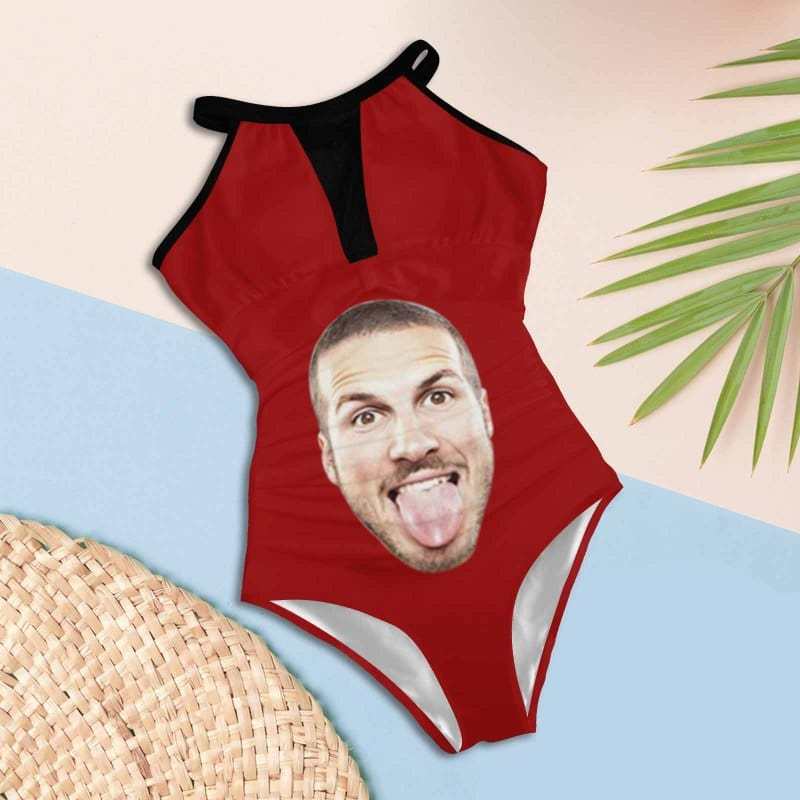 Custom Big Funny Face Women's One Piece Swimsuit High Neck Plunge Mesh Ruched Monokini Swimwear - YesCustom