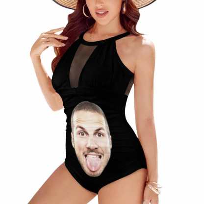 Custom Big Funny Face Women's One Piece Swimsuit High Neck Plunge Mesh Ruched Monokini Swimwear - YesCustom