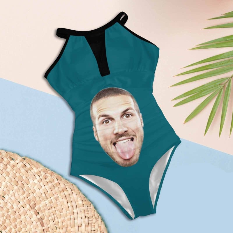Custom Big Funny Face Women's One Piece Swimsuit High Neck Plunge Mesh Ruched Monokini Swimwear - YesCustom