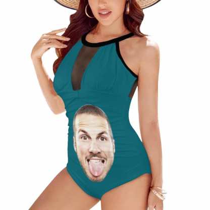 Custom Big Funny Face Women's One Piece Swimsuit High Neck Plunge Mesh Ruched Monokini Swimwear - YesCustom