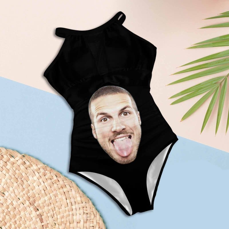 Custom Big Funny Face Women's One Piece Swimsuit High Neck Plunge Mesh Ruched Monokini Swimwear - YesCustom