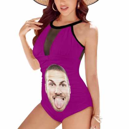 Custom Big Funny Face Women's One Piece Swimsuit High Neck Plunge Mesh Ruched Monokini Swimwear - YesCustom