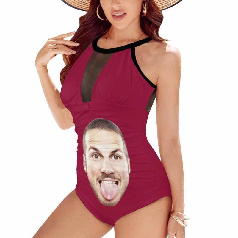 Custom Big Funny Face Women's One Piece Swimsuit High Neck Plunge Mesh Ruched Monokini Swimwear - YesCustom