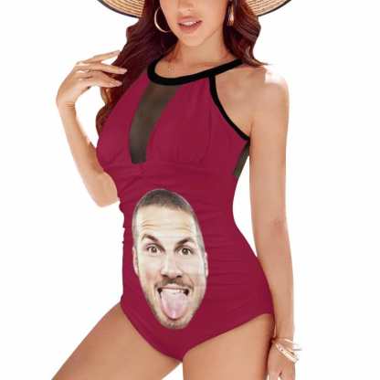 Custom Big Funny Face Women's One Piece Swimsuit High Neck Plunge Mesh Ruched Monokini Swimwear - YesCustom
