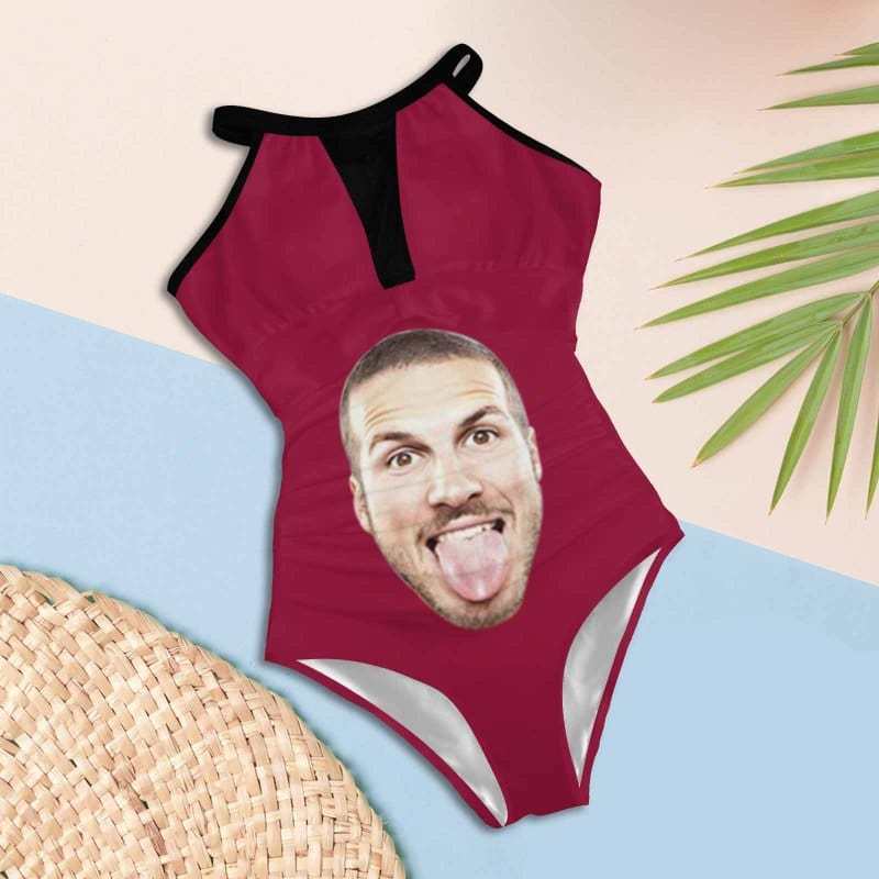 Custom Big Funny Face Women's One Piece Swimsuit High Neck Plunge Mesh Ruched Monokini Swimwear - YesCustom