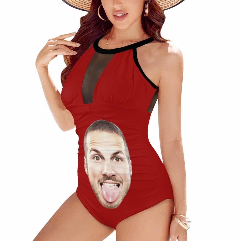 Custom Big Funny Face Women's One Piece Swimsuit High Neck Plunge Mesh Ruched Monokini Swimwear - YesCustom