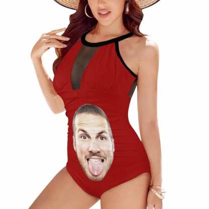 Custom Big Funny Face Women's One Piece Swimsuit High Neck Plunge Mesh Ruched Monokini Swimwear - YesCustom