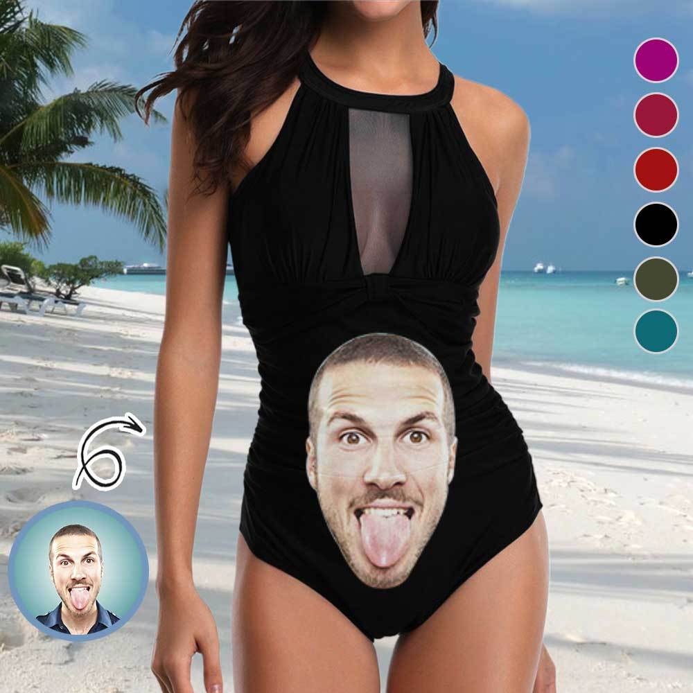 Custom Big Funny Face Women's One Piece Swimsuit High Neck Plunge Mesh Ruched Monokini Swimwear - YesCustom