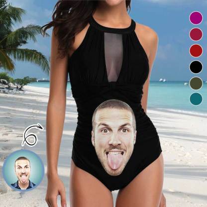 Custom Big Funny Face Women's One Piece Swimsuit High Neck Plunge Mesh Ruched Monokini Swimwear - YesCustom