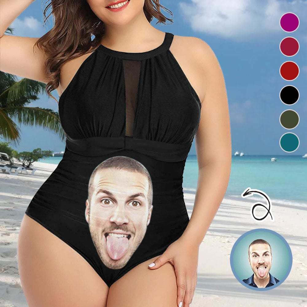 Custom Big Funny Face Women's One Piece Swimsuit High Neck Plunge Mesh Ruched Monokini Swimwear - YesCustom