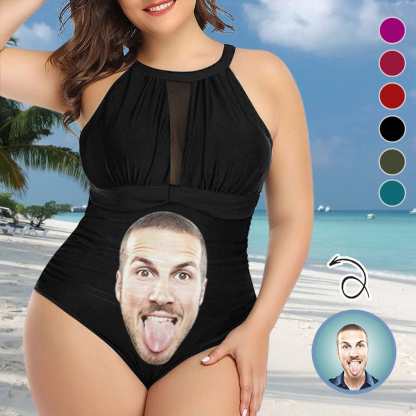Custom Big Funny Face Women's One Piece Swimsuit High Neck Plunge Mesh Ruched Monokini Swimwear - YesCustom