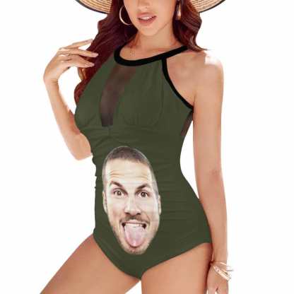 Custom Big Funny Face Women's One Piece Swimsuit High Neck Plunge Mesh Ruched Monokini Swimwear - YesCustom