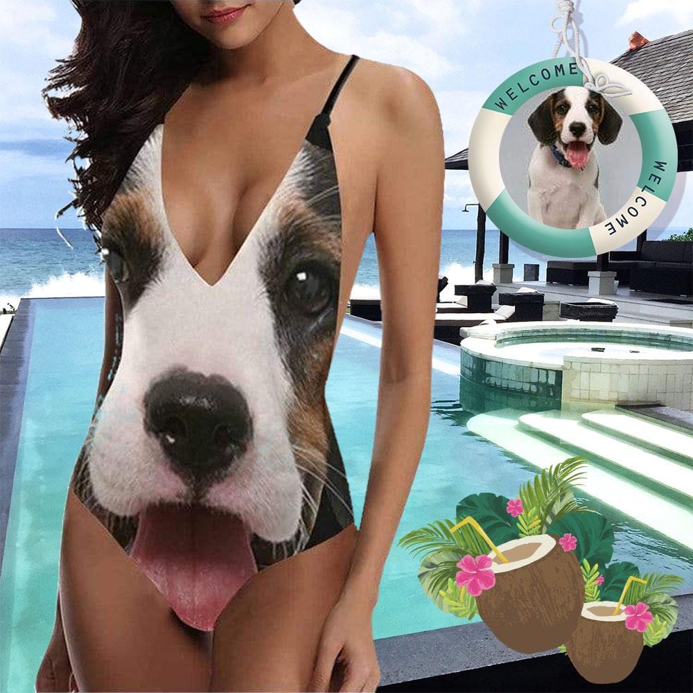 Custom Big Pet Dog Face Swimsuit Personalized Women's Lacing Backless One-Piece Bathing Suit Funny Gift Idea - YesCustom