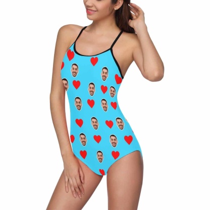 Custom Bkue Face Swimsuit Love Heart Personalized Women's Slip One Piece Bathing Suit Honeymoons For Her - YesCustom