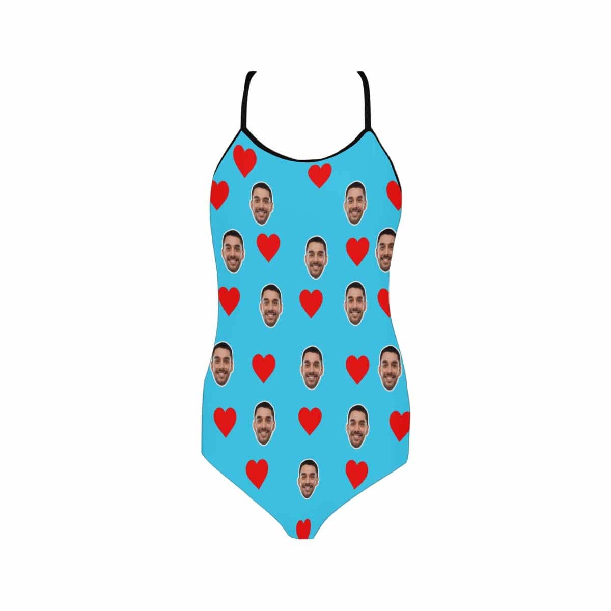 Custom Bkue Face Swimsuit Love Heart Personalized Women's Slip One Piece Bathing Suit Honeymoons For Her - YesCustom