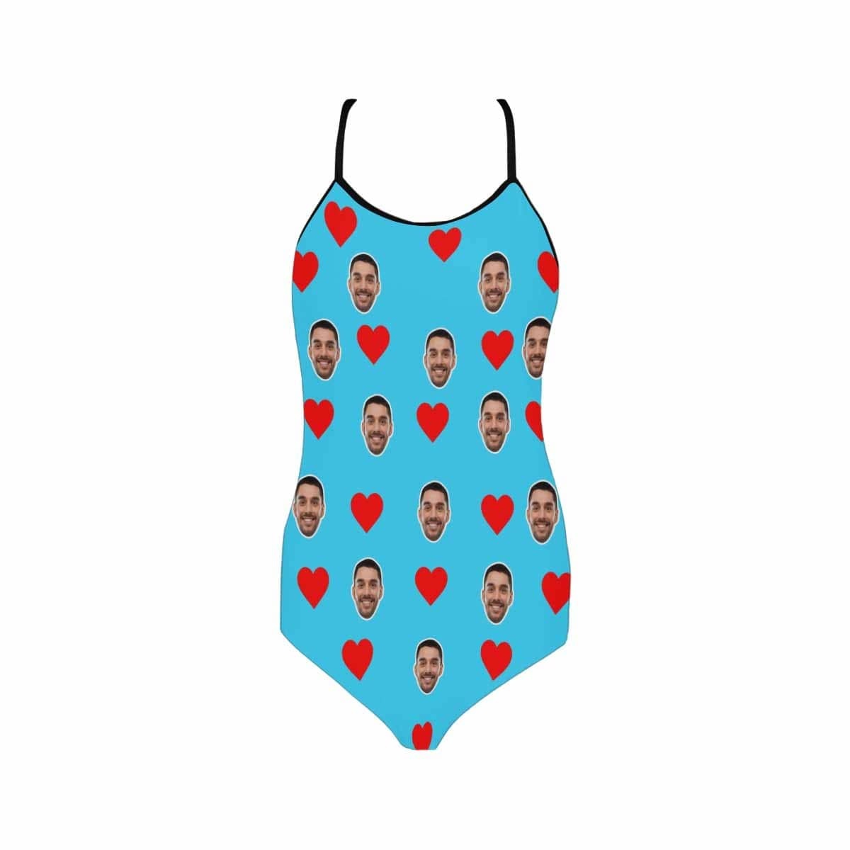 Custom Bkue Face Swimsuit Love Heart Personalized Women's Slip One Piece Bathing Suit Honeymoons For Her - YesCustom