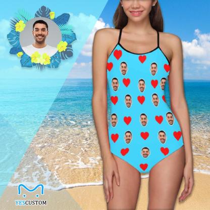 Custom Bkue Face Swimsuit Love Heart Personalized Women's Slip One Piece Bathing Suit Honeymoons For Her - YesCustom