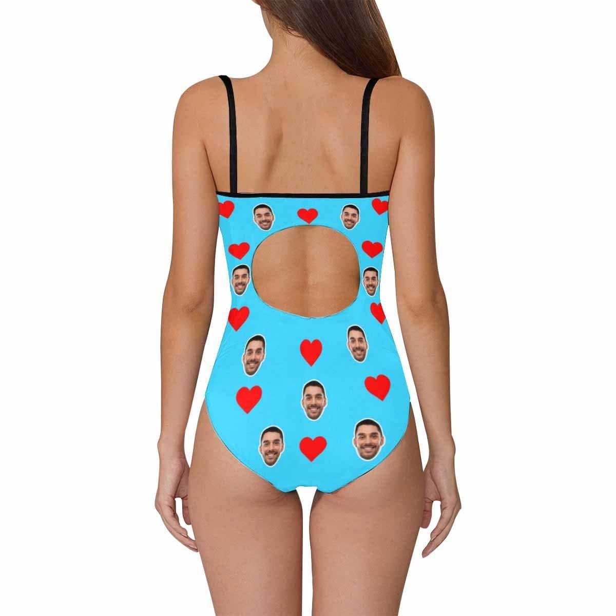 Custom Bkue Face Swimsuit Love Heart Personalized Women's Slip One Piece Bathing Suit Honeymoons For Her - YesCustom