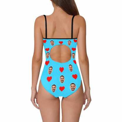 Custom Bkue Face Swimsuit Love Heart Personalized Women's Slip One Piece Bathing Suit Honeymoons For Her - YesCustom