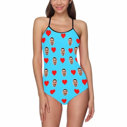 Custom Bkue Face Swimsuit Love Heart Personalized Women's Slip One Piece Bathing Suit Honeymoons For Her - YesCustom