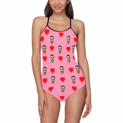 Custom Bkue Face Swimsuit Love Heart Personalized Women's Slip One Piece Bathing Suit Honeymoons For Her - YesCustom