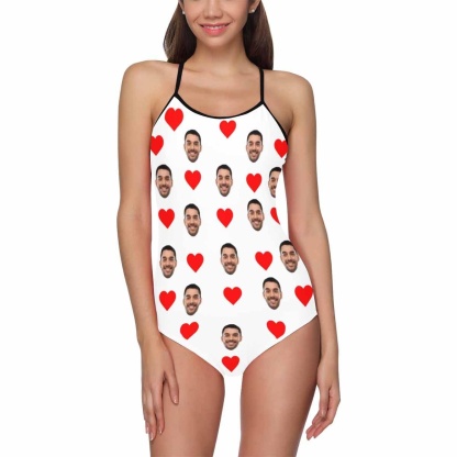 Custom Bkue Face Swimsuit Love Heart Personalized Women's Slip One Piece Bathing Suit Honeymoons For Her - YesCustom