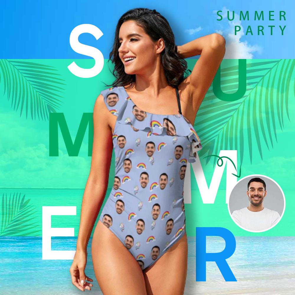 Custom Blue Rainbow Face Swimsuit Personalized Women's Shoulder Ruffle One Piece Bathing Suit Honeymoons For Her - YesCustom