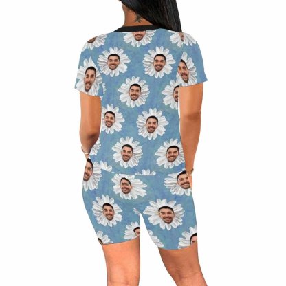 Custom Blue White Flowers Women's Short Yoga Set - YesCustom