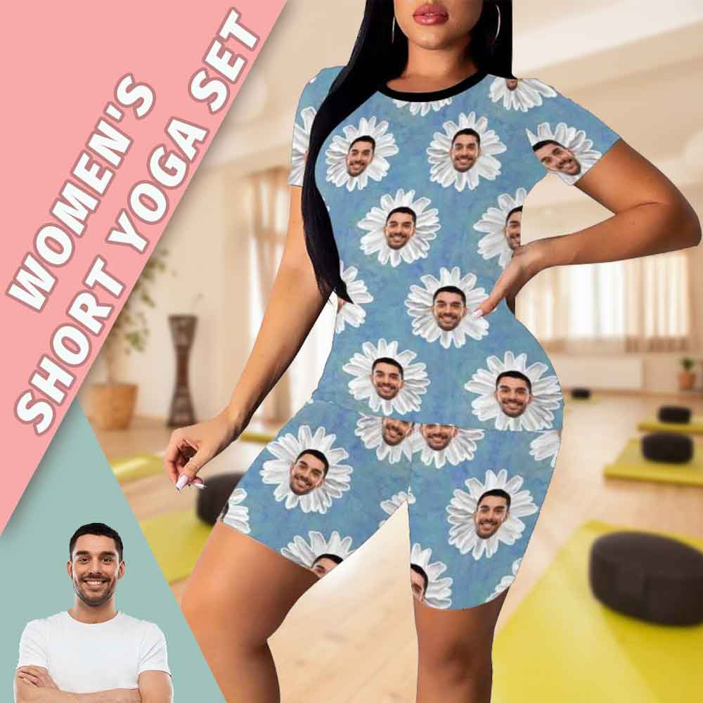 Custom Blue White Flowers Women's Short Yoga Set - YesCustom