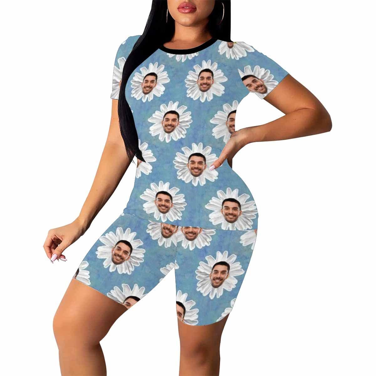 Custom Blue White Flowers Women's Short Yoga Set - YesCustom