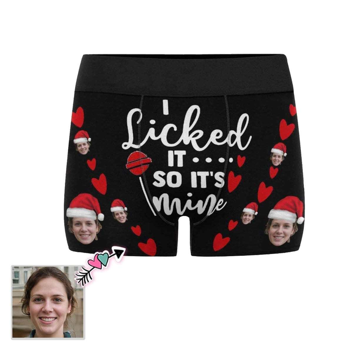 Custom Boxer Briefs with Face I Licked It Christmas Hat Personalized Red Love Heart Boxer Briefs For Valentine's Day Gift - YesCustom
