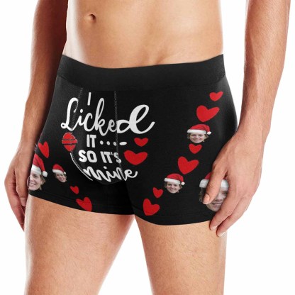 Custom Boxer Briefs with Face I Licked It Christmas Hat Personalized Red Love Heart Boxer Briefs For Valentine's Day Gift - YesCustom