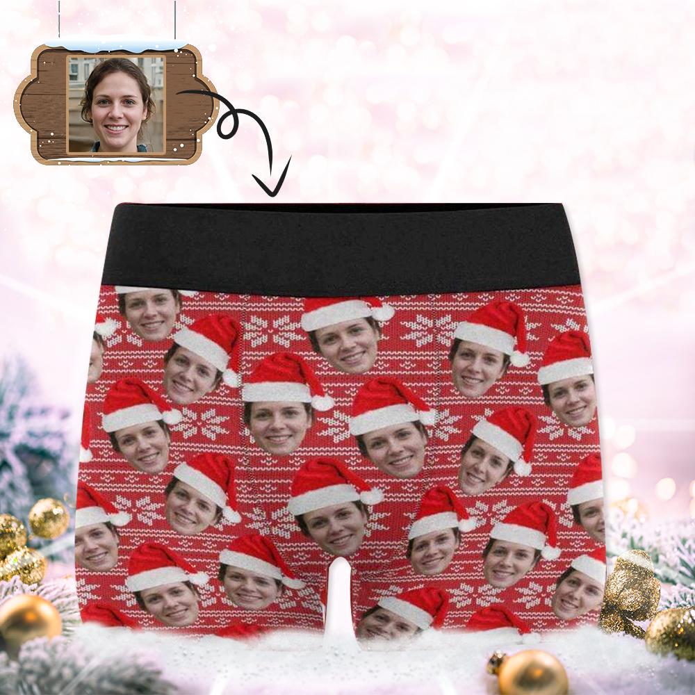 Custom Boxer Personalized Xmas Boxer Briefs with Face Red Background Christmas Hat Design Unique Gift - YesCustom