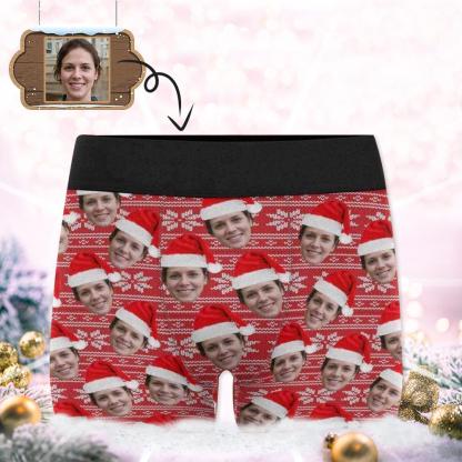 Custom Boxer Personalized Xmas Boxer Briefs with Face Red Background Christmas Hat Design Unique Gift - YesCustom