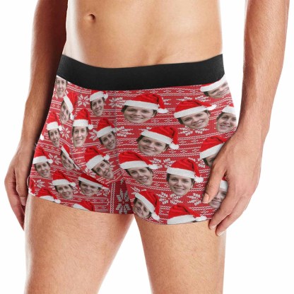Custom Boxer Personalized Xmas Boxer Briefs with Face Red Background Christmas Hat Design Unique Gift - YesCustom