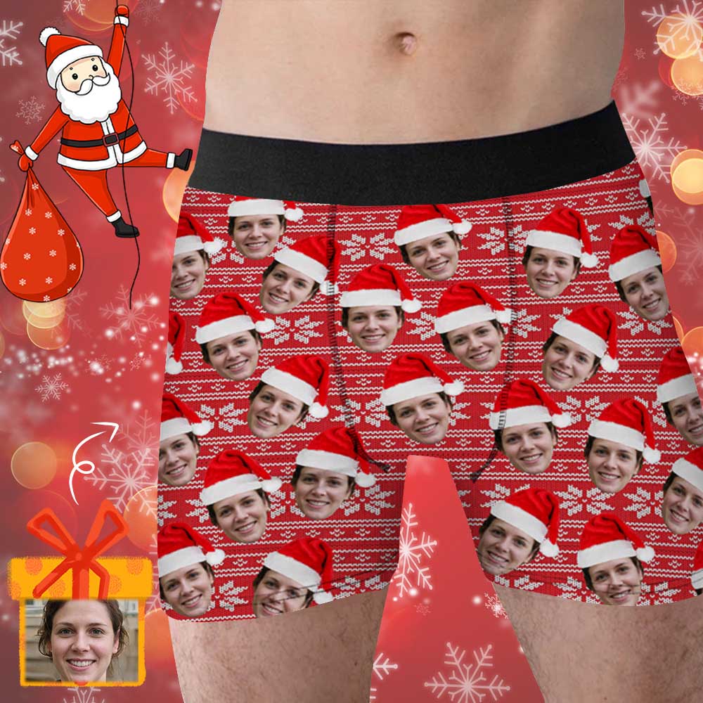 Custom Boxer Personalized Xmas Boxer Briefs with Face Red Background Christmas Hat Design Unique Gift - YesCustom