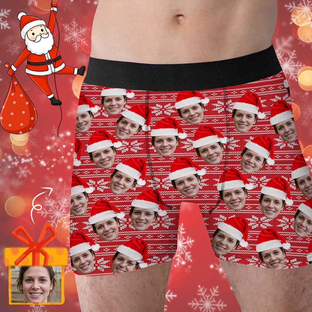 Custom Boxer Personalized Xmas Boxer Briefs with Face Red Background Christmas Hat Design Unique Gift - YesCustom