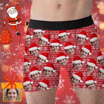 Custom Boxer Personalized Xmas Boxer Briefs with Face Red Background Christmas Hat Design Unique Gift - YesCustom