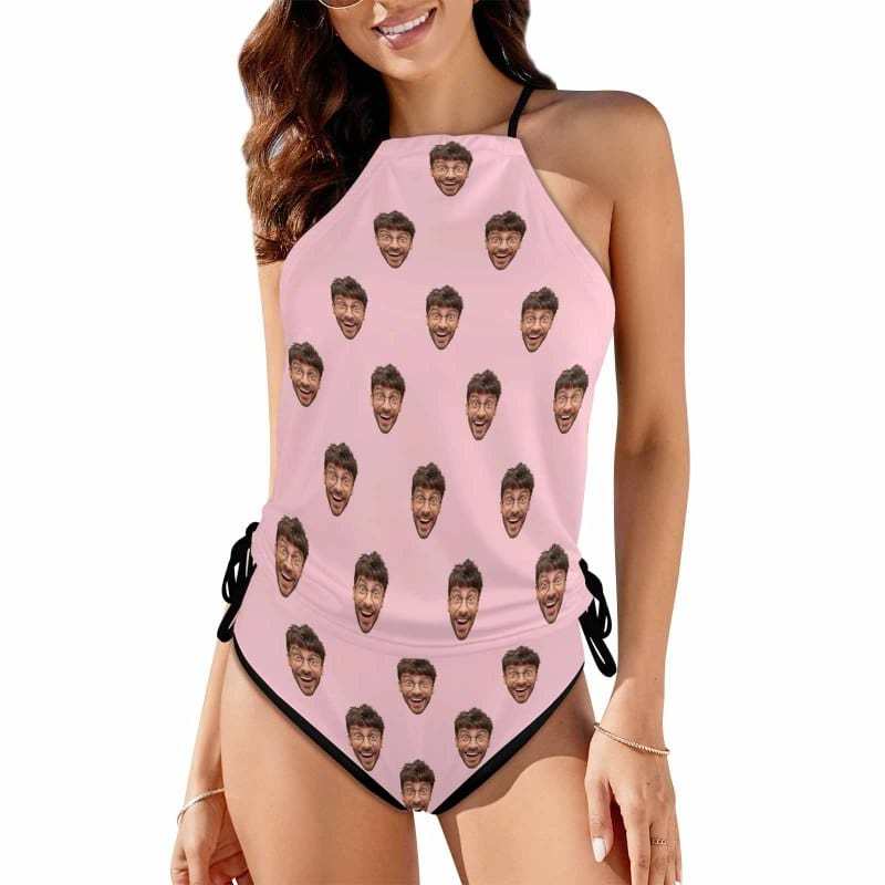 Custom Boyfriend Face All Womens Sexy Halter Tummy Control Swimsuit Tankini Top Sets Fashion Two Piece Bathing Suit with Tie Side - YesCustom