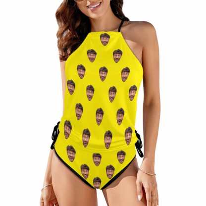 Custom Boyfriend Face All Womens Sexy Halter Tummy Control Swimsuit Tankini Top Sets Fashion Two Piece Bathing Suit with Tie Side - YesCustom