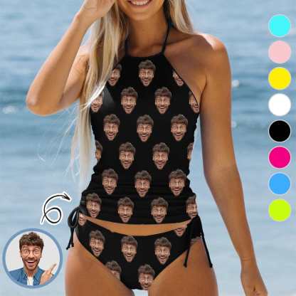 Custom Boyfriend Face All Womens Sexy Halter Tummy Control Swimsuit Tankini Top Sets Fashion Two Piece Bathing Suit with Tie Side - YesCustom