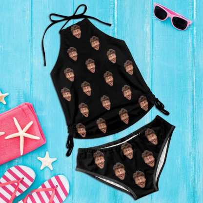 Custom Boyfriend Face All Womens Sexy Halter Tummy Control Swimsuit Tankini Top Sets Fashion Two Piece Bathing Suit with Tie Side - YesCustom